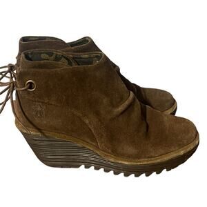 Fly London Yama Brown Suede Wedge Ankle Boots Booties Womens Size 37 US 6.5